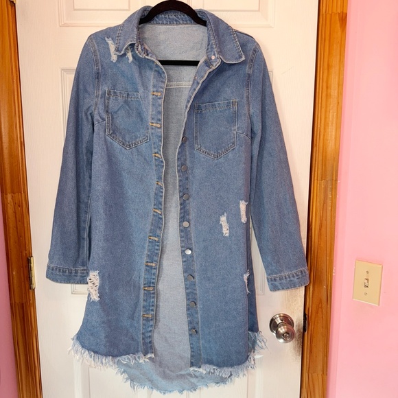 SHEIN Denim Frayed Hem Distressed Shirt Dress - Picture 2 of 10